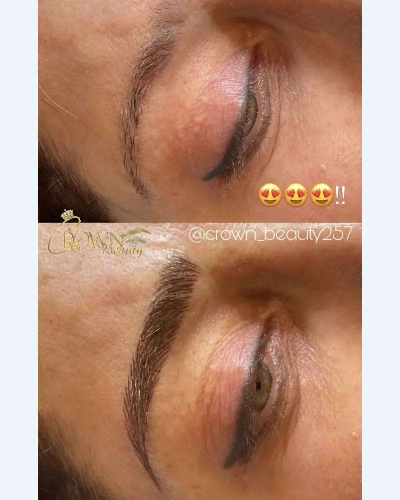 Before and after microblading, natural hair-stroke brows
