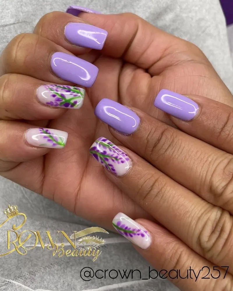 Lilac nails with hand-painted lavender