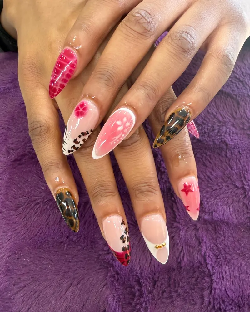Red croc-effect and floral nail art