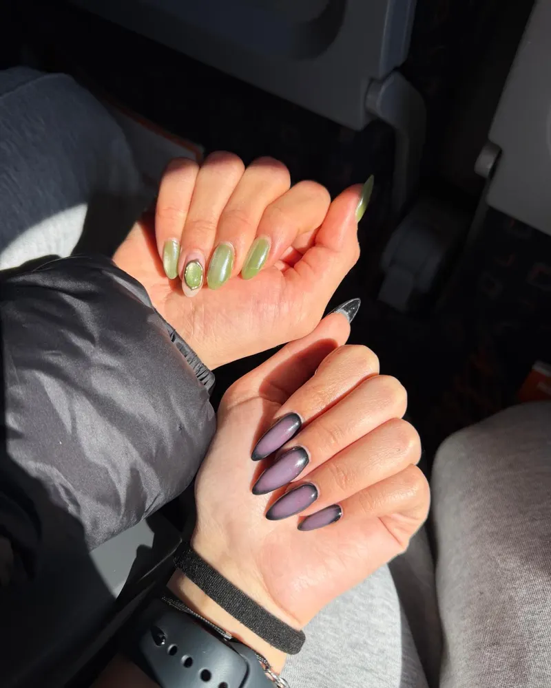 Sage green and plum gel nails